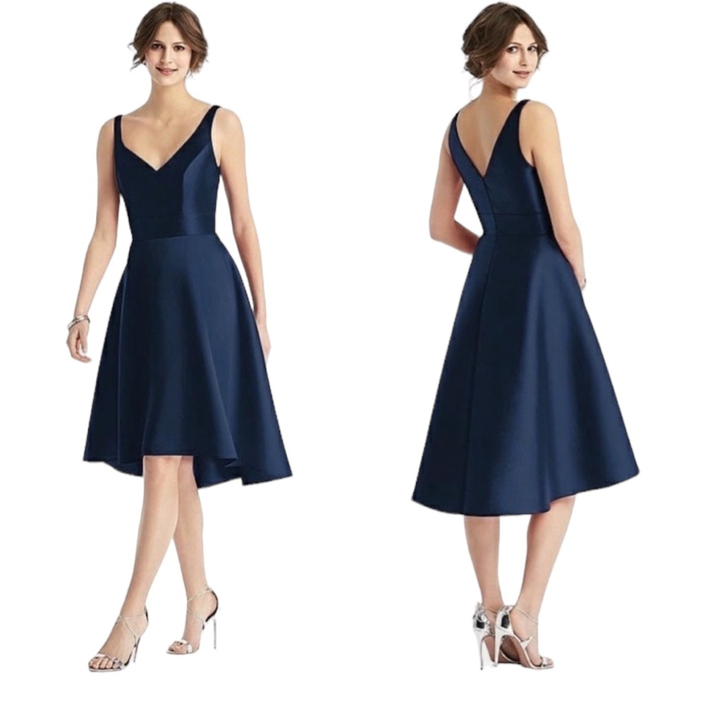 ALFRED SUNG V-neck Satin Twill High Low Dress in Midnight Navy